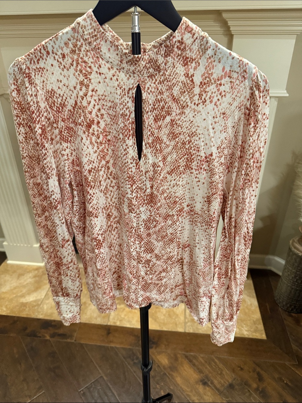 Chico's Cream Blouse with Rust Speckle Print and Keyhole